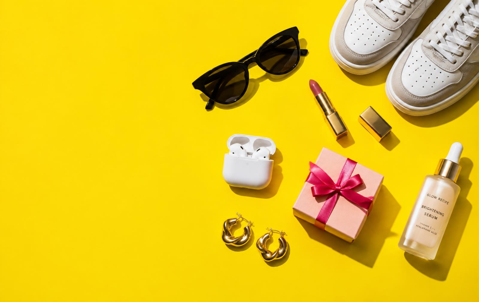 Tenis, gafas, audífonos, labial, aretes y regalo sobre fondo amarillo